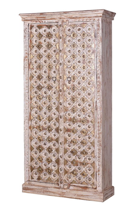 GINER Y COLOMER - Armoire 2 portes en bois de manguier massif couleur ivoire vieilli avec incrustations et boutons en bronze - 180x90x40 cm GINER Y COLOMER - Armoire 2 portes en bois de manguier massif couleur ivoire vieilli avec incrustations et boutons en bronze - 180x90x40 cm