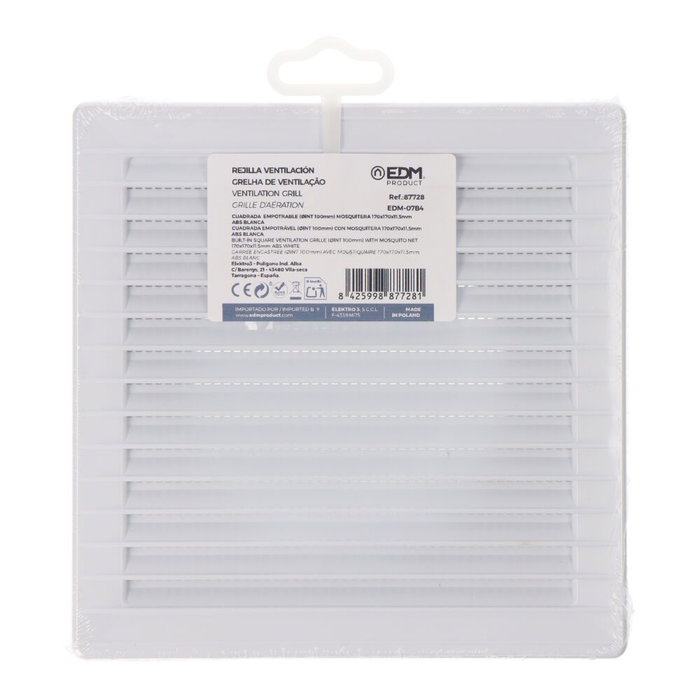 Edm Grille de ventilation carrée encastrable ø100mm avec moustiquaire 170x170x10mm ABS blanc