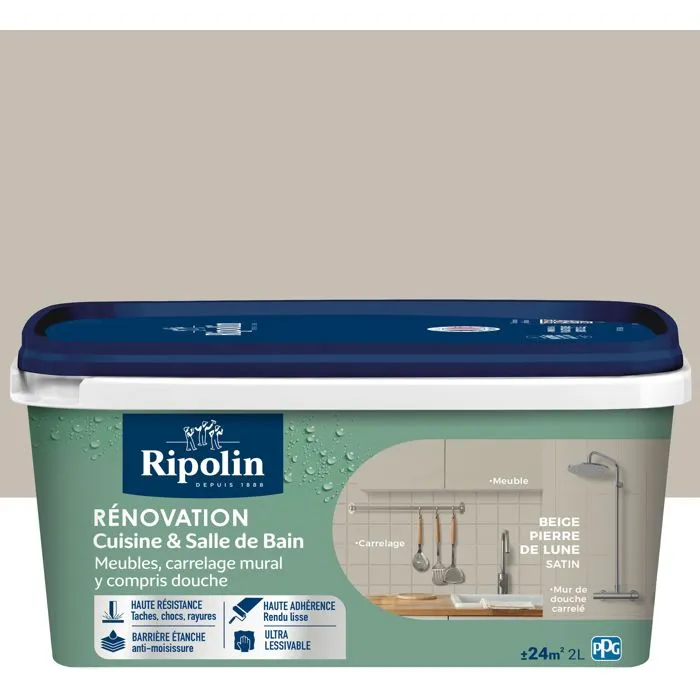 Ripolin - Peinture rénovation cuisine et salle de bain - Beige pierre - Finition satinée - Résistance aux taches et humidité - 2 litres