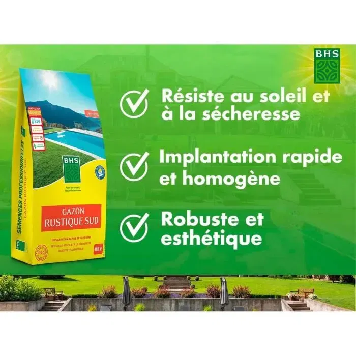 BHS - Semence de Gazon Rustique Sud - 10kg - Gazon résistant à la sécheresse à base de fétuque élevée et Ray-Grass - Implantation rapide et homogène