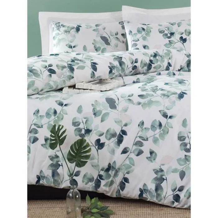 Parure de lit 1 personne - Housse de couette 220 x 240 cm + 2 taies d'oreiller 60 x 60 cm - 65% coton, 35% polyester - Vert, Blanc, Noir - 120 fils/pouce - Lavable machine