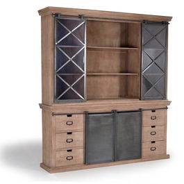 GINER Y COLOMER Buffet industriel en bois de manguier et métal avec 4 portes coulissantes et 6 tiroirs, 220 x 200 x 45 cm, finition naturel et gris foncé vieilli