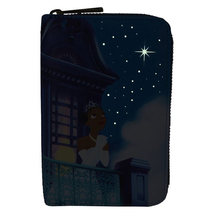 LOUNGEFLY Portefeuille Disney Tiana et la Grenouille - Porte-cartes et fenêtre d'identification - Fermeture éclair, 10.1x15.2 cm - Détails brillants dans le noir