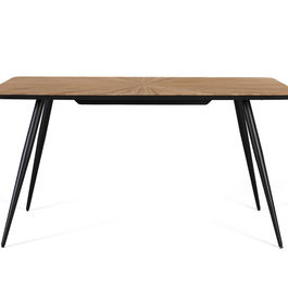 GINER Y COLOMER Table de salle à manger en bois de teck recyclé 150 cm, plateau rectangulaire avec motif radial et pieds métalliques noirs