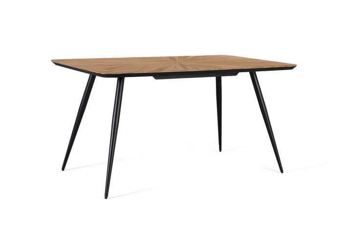GINER Y COLOMER Table de salle à manger en bois de teck recyclé 150 cm, plateau rectangulaire avec motif radial et pieds métalliques noirs