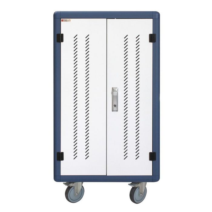 Techly Station de Charge USB avec Chariot Ventilé pour 30 Ordinateurs Portables / Tablettes / Smartphones Blanc/Bleu