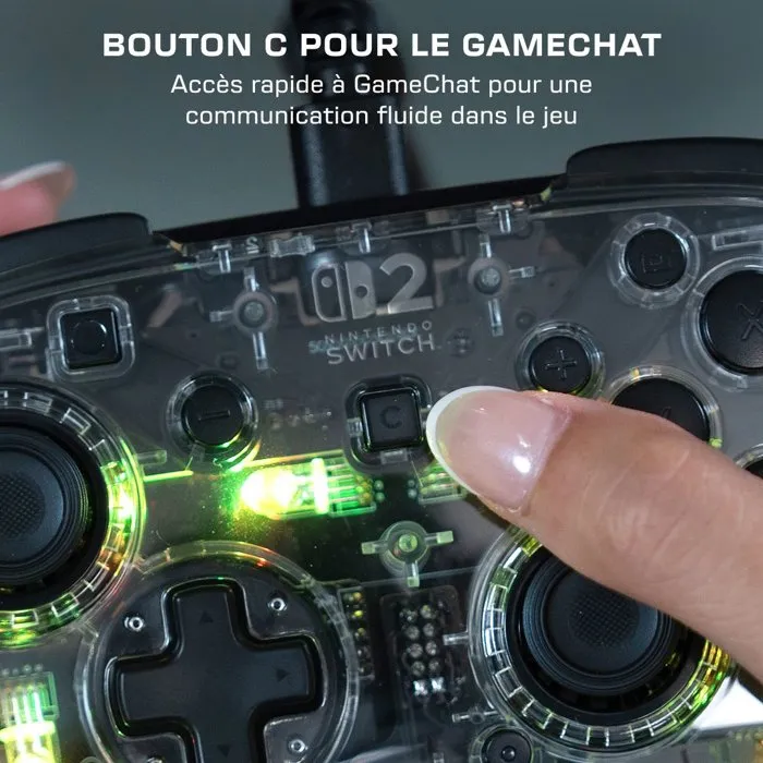 Turtle Beach Manette Gaming Afterglow RGB Filaire Transparente pour Nintendo Switch 2 - Compatible Switch et Switch OLED - Éclairage Personnalisable, Sticks Hall, Bouton GameChat