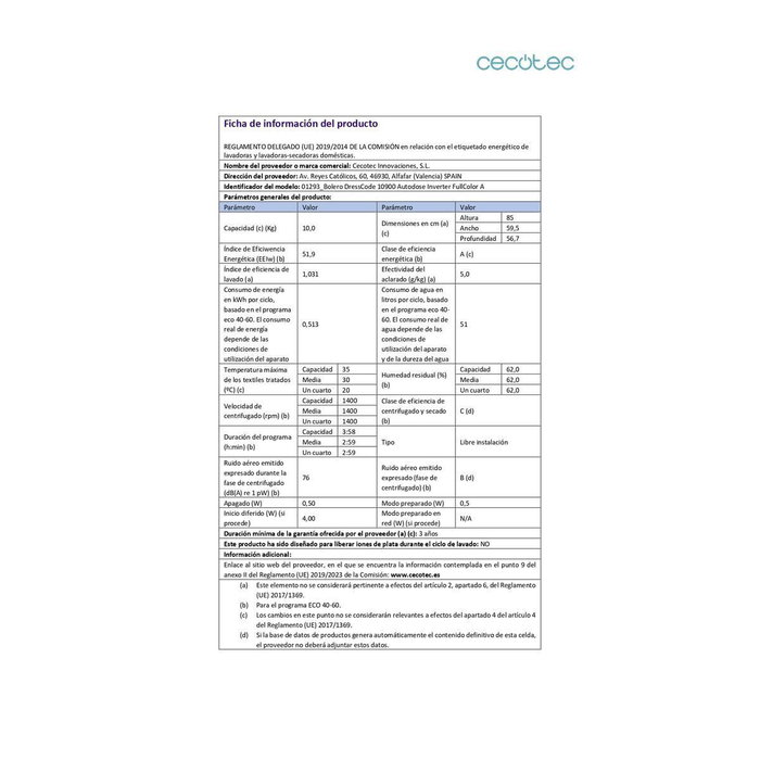 Cecotec Lave-linge 10 kg DressCode 10900 Autodose Inverter FullColor 1400 rpm Classe A