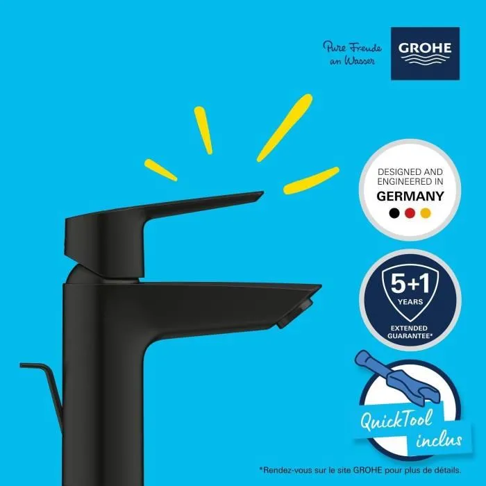 Grohe Start 242092432 - Mitigeur de lavabo monocommande noir mat, taille S, avec système d'économie d'eau et ensemble de vidage
