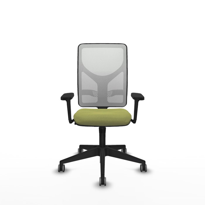 Chaise Motilla Synchro 3 positions tissu Vert olive Maille Blanc Base pyramidale noire Accoudoir 3D Sans appui-tête Roulettes 65mm pour moquette