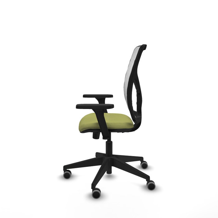 Chaise Motilla Synchro 3 positions tissu Vert olive Maille Blanc Base pyramidale noire Accoudoir 3D Sans appui-tête Roulettes 65mm pour moquette