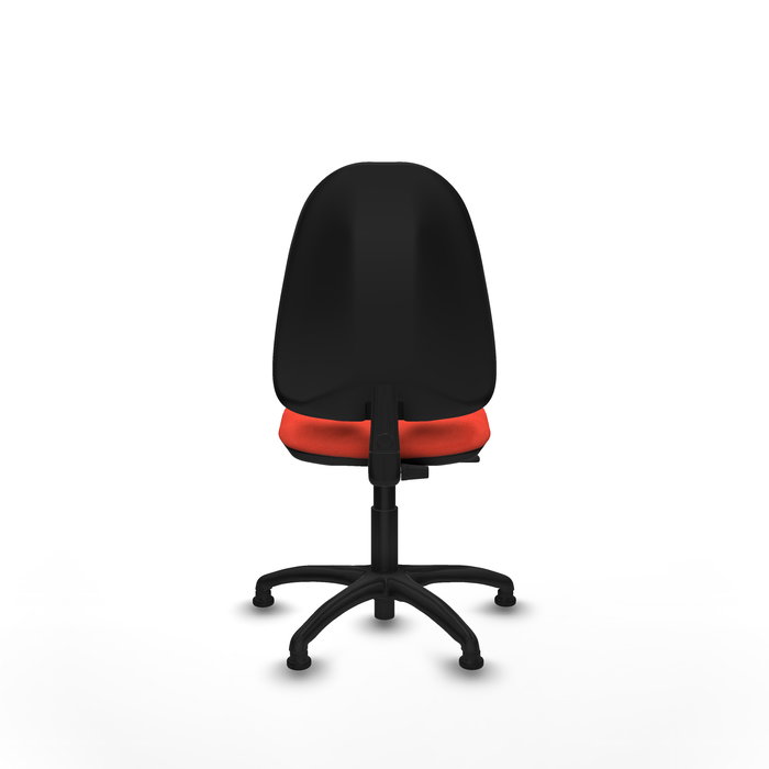 Chaise de bureau Algarra avec mécanisme de contact permanent de base, recouverte de tissu orange foncé. Équipée d'une base en polyamide noir, sans accoudoirs et avec butées.
