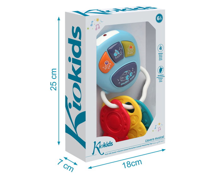 KioKids - Llavero - Porte-clés musical et mordeur bébé avec 4 mélodies, sons de klaxon, moteur et 3 clés textures - Jouet imitation clés de voiture - Bleu - Dès 6 mois