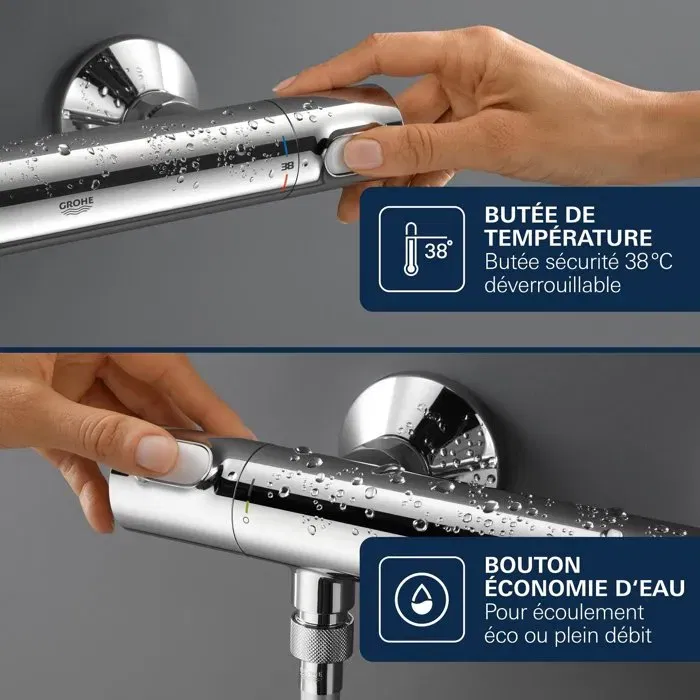 Grohe Mitigeur thermostatique douche Precision Flow Montage mural Chromé Protection anti-brûlure avec inverseur