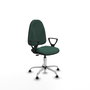 Chaise de bureau Algarra avec mécanisme Contact permanent de base, rembourrée de tissu vert bouteille. Équipée d'une base chromée, d'accoudoirs fixes et de butées