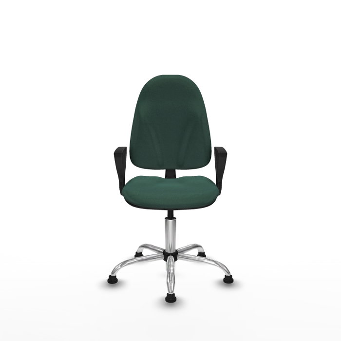Chaise de bureau Algarra avec mécanisme Contact permanent de base, rembourrée de tissu vert bouteille. Équipée d'une base chromée, d'accoudoirs fixes et de butées