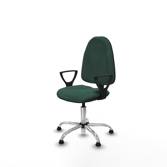 Chaise de bureau Algarra avec mécanisme Contact permanent de base, rembourrée de tissu vert bouteille. Équipée d'une base chromée, d'accoudoirs fixes et de butées
