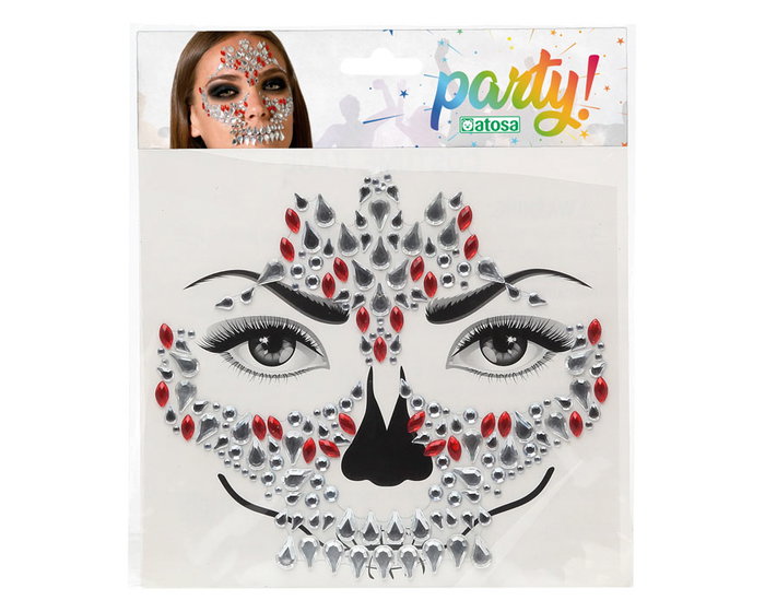 Autocollants Faciaux Joyas Crâne avec Strass Argentés - Bijoux de Visage pour Déguisement Dia de los Muertos et Fêtes d'Halloween