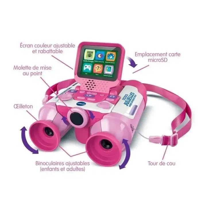 VTech Genius XL - Jumelles vidéo interactives avec écran couleur 2.4" et grossissement x10 - Rose - Version française