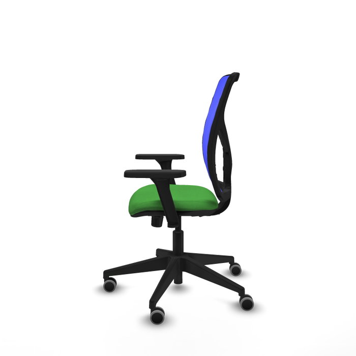 PIQUERAS Y CRESPO Chaise Motilla Synchro Vert Maille Bleu, Base pyramidale noire, Accoudoirs 3D, Sans appui-tête, Roulettes 65mm pour moquette