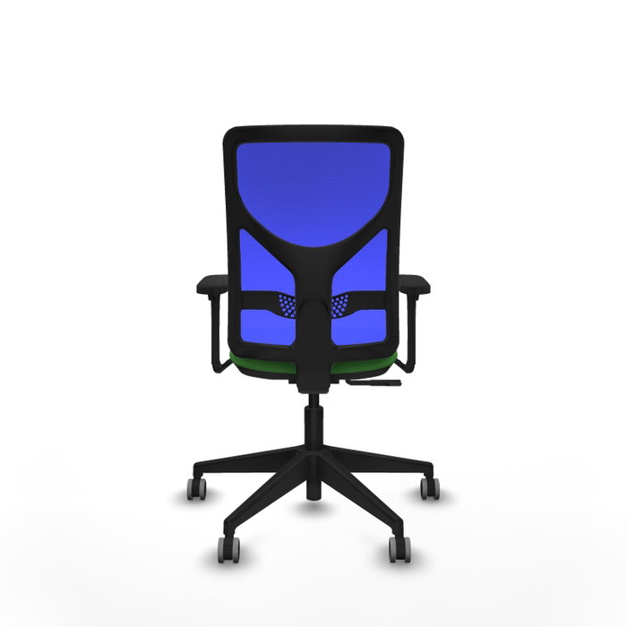 PIQUERAS Y CRESPO Chaise Motilla Synchro Vert Maille Bleu, Base pyramidale noire, Accoudoirs 3D, Sans appui-tête, Roulettes 65mm pour moquette