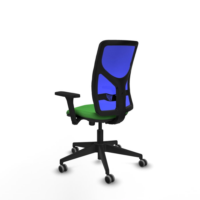 PIQUERAS Y CRESPO Chaise Motilla Synchro Vert Maille Bleu, Base pyramidale noire, Accoudoirs 3D, Sans appui-tête, Roulettes 65mm pour moquette