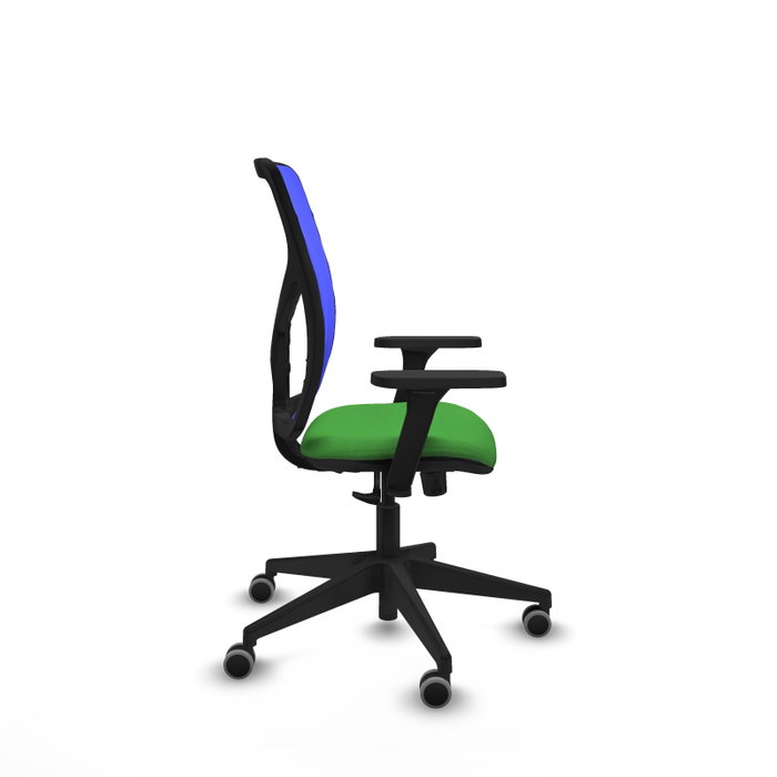 PIQUERAS Y CRESPO Chaise Motilla Synchro Vert Maille Bleu, Base pyramidale noire, Accoudoirs 3D, Sans appui-tête, Roulettes 65mm pour moquette