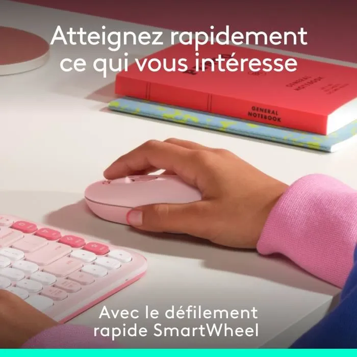 Logitech Pop Mouse Souris sans fil Rose, technologie FLOW, connexion 3 appareils, Bluetooth, Easy-Switch, pour Windows, Mac, Chrome OS, Android