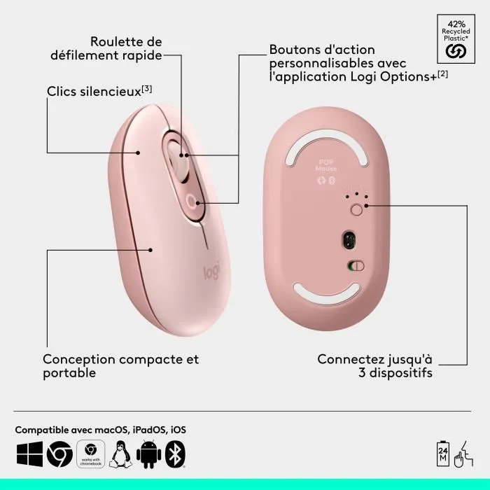Logitech Pop Mouse Souris sans fil Rose, technologie FLOW, connexion 3 appareils, Bluetooth, Easy-Switch, pour Windows, Mac, Chrome OS, Android