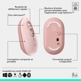 Logitech Pop Mouse Souris sans fil Rose, technologie FLOW, connexion 3 appareils, Bluetooth, Easy-Switch, pour Windows, Mac, Chrome OS, Android