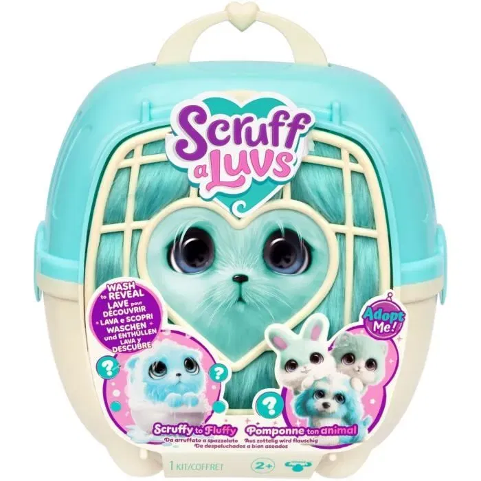 Scruff A Luvs - Boule de poils à toiletter bleue, peluche transformable chat/chien/lapin avec accessoires et certificat