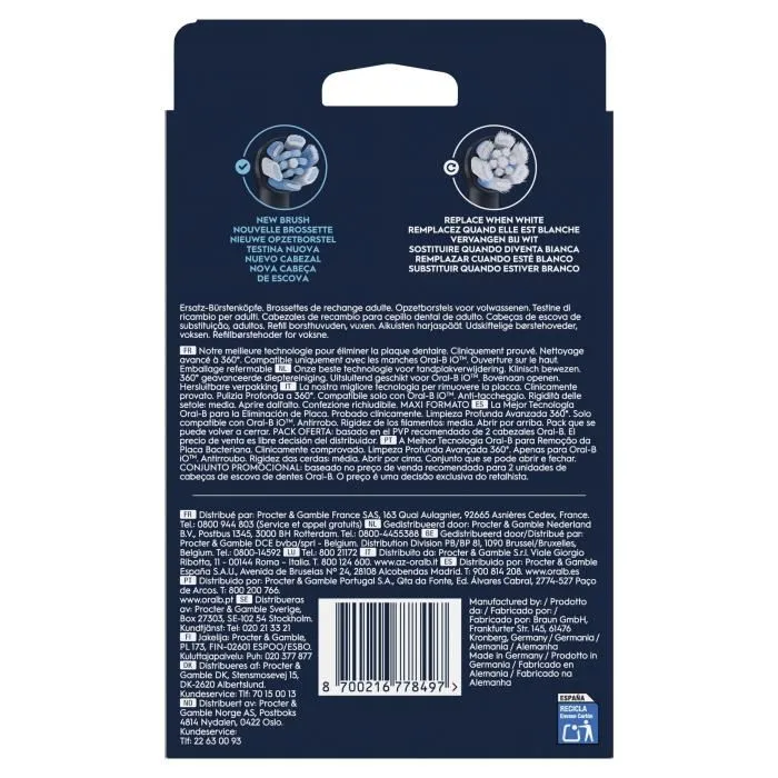 Oral-B - Brossettes de rechange iO Ultimate Clean - Pack de 8 - Noir - Pour brosse à dents électrique Oral-B iO - Élimination plaque