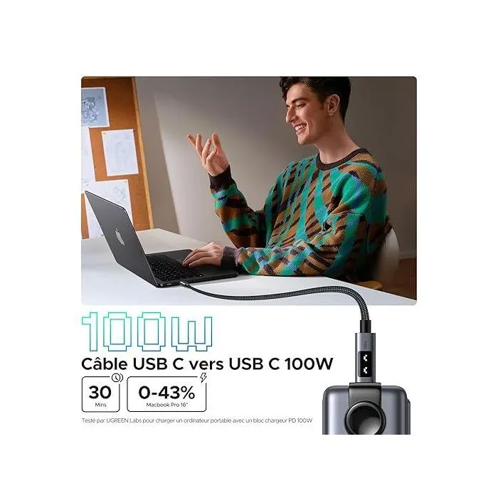 UGREEN - Câble USB-C vers USB-C Noir Nylon 100W PD 1 mètre - Charge rapide et transfert de données