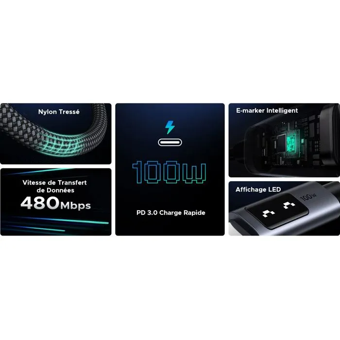 UGREEN - Câble USB-C vers USB-C Noir Nylon 100W PD 1 mètre - Charge rapide et transfert de données