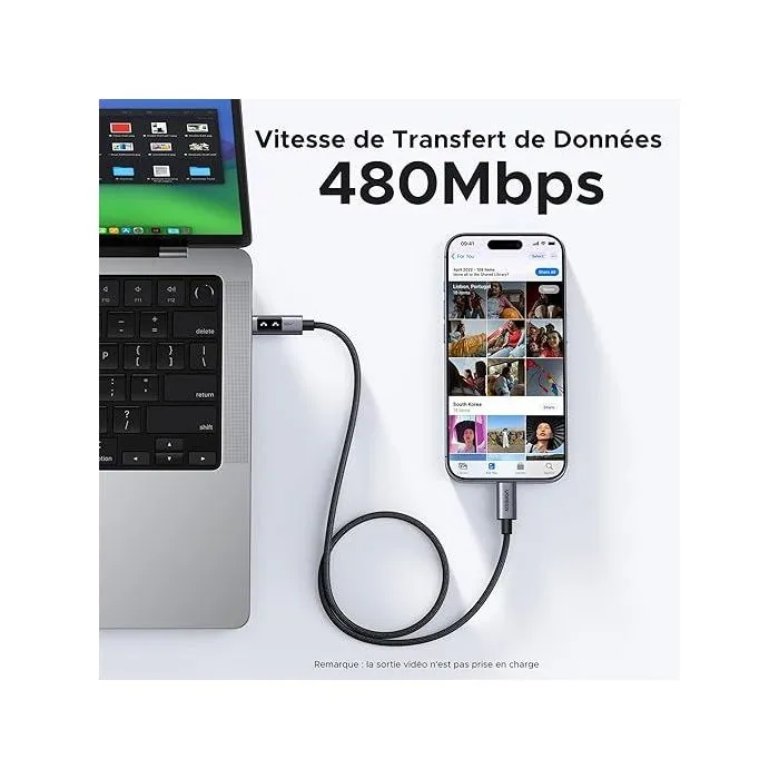 UGREEN - Câble USB-C vers USB-C Noir Nylon 100W PD 1 mètre - Charge rapide et transfert de données
