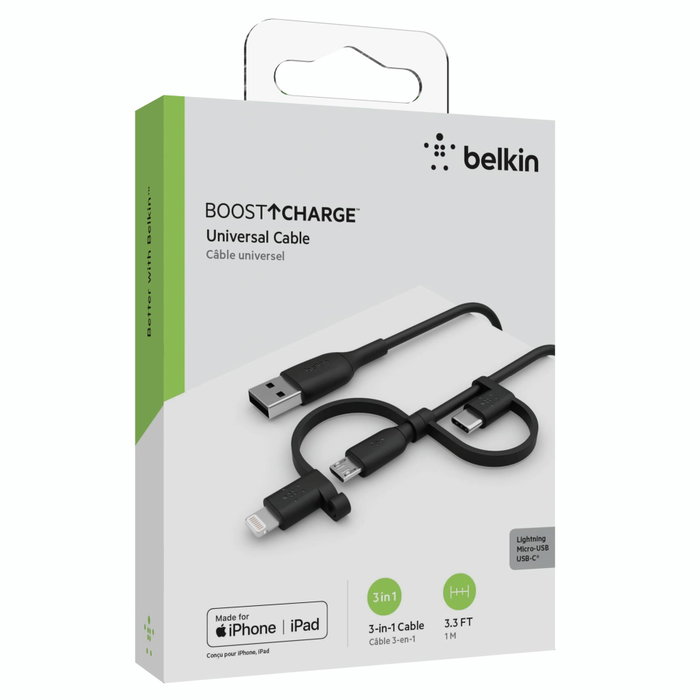 Belkin BOOST Charge Câble Universel USB-A vers Lightning/Micro/USB-C 1m Noir Belkin BOOST Charge Câble Universel USB-A vers Lightning/Micro/USB-C 1m Noir