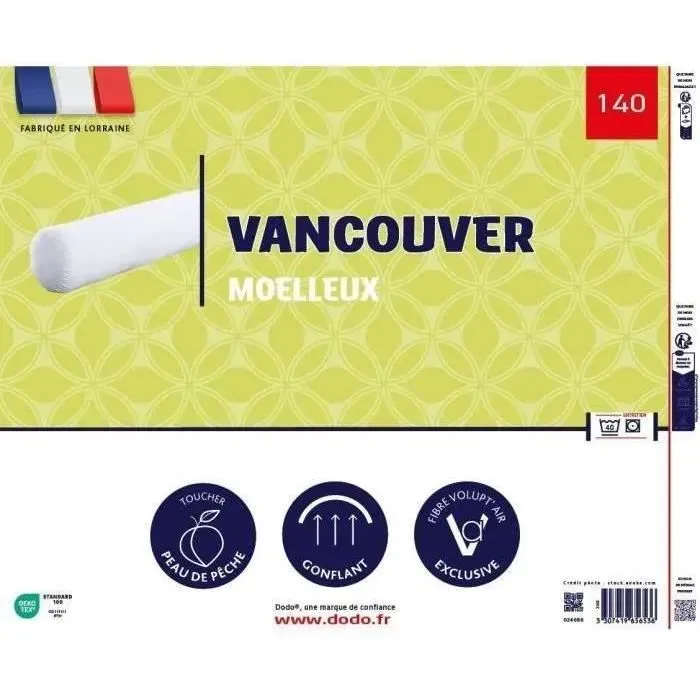 Dodo Traversin VANCOUVER 140 cm - 100% Polyester Volupt'Air avec toucher peau de pêche pour un meilleur confort de sommeil