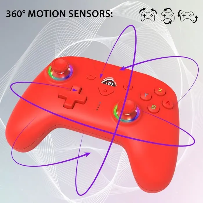 SUBSONIC Manette sans fil Switch Pro Controller pour Nintendo Switch et Switch 2, capteur de mouvement, vibrations, boutons M1/M2 programmables, autonomie 10h, rouge avec LEDs