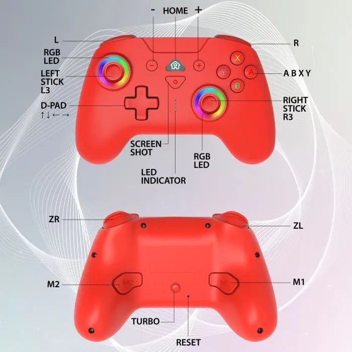 SUBSONIC Manette sans fil Switch Pro Controller pour Nintendo Switch et Switch 2, capteur de mouvement, vibrations, boutons M1/M2 programmables, autonomie 10h, rouge avec LEDs