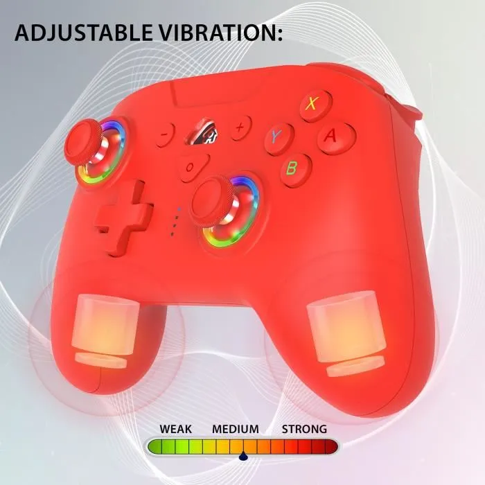 SUBSONIC Manette sans fil Switch Pro Controller pour Nintendo Switch et Switch 2, capteur de mouvement, vibrations, boutons M1/M2 programmables, autonomie 10h, rouge avec LEDs