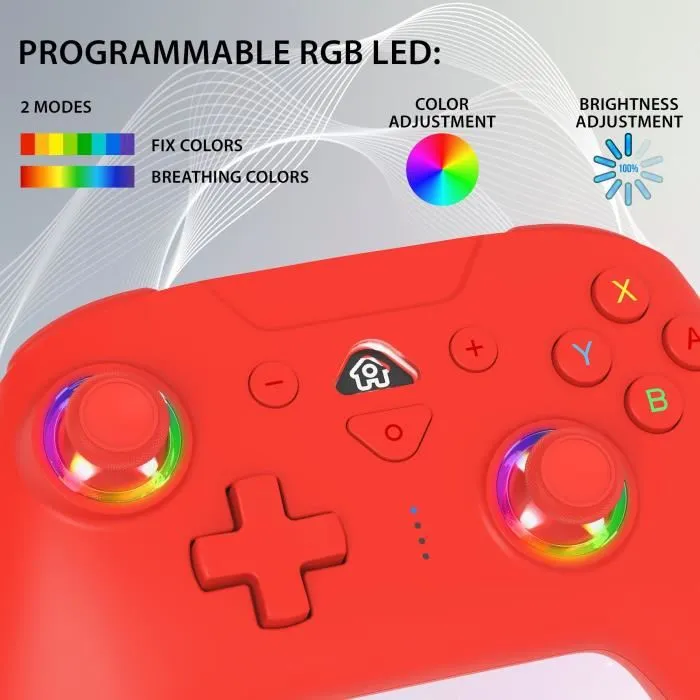 SUBSONIC Manette sans fil Switch Pro Controller pour Nintendo Switch et Switch 2, capteur de mouvement, vibrations, boutons M1/M2 programmables, autonomie 10h, rouge avec LEDs