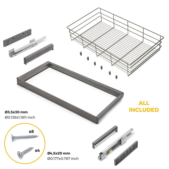 Emuca Kit tiroir en fil métallique et rack ajustable Quartz pour armoires, glissières extension totale et à fermeture douce, Module 90cm, Finition Titane Emuca Kit tiroir en fil métallique et rack ajustable Quartz pour armoires, glissières extension totale et à fermeture douce, Module 90cm, Finition Titane