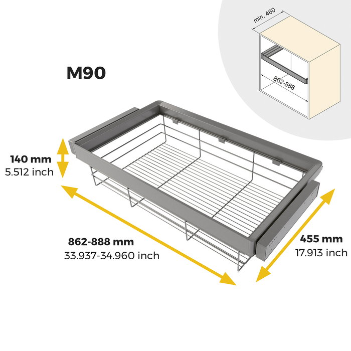 Emuca Kit tiroir en fil métallique et rack ajustable Quartz pour armoires, glissières extension totale et à fermeture douce, Module 90cm, Finition Titane