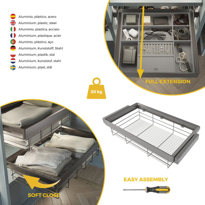 Emuca Kit tiroir en fil métallique et rack ajustable Quartz pour armoires, glissières extension totale et à fermeture douce, Module 90cm, Finition Titane Emuca Kit tiroir en fil métallique et rack ajustable Quartz pour armoires, glissières extension totale et à fermeture douce, Module 90cm, Finition Titane
