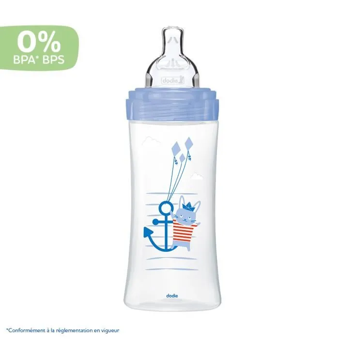 Dodie Biberon Sensation+ Anti-Coliques 330 ml, tétine plate débit rapide, système double valve, pour bébés de +6 mois, décor Mer