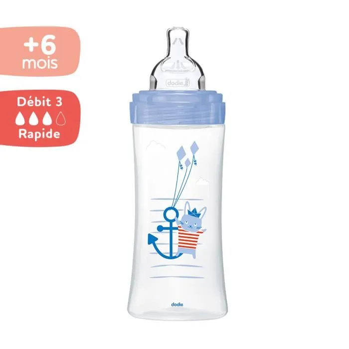 Dodie Biberon Sensation+ Anti-Coliques 330 ml, tétine plate débit rapide, système double valve, pour bébés de +6 mois, décor Mer