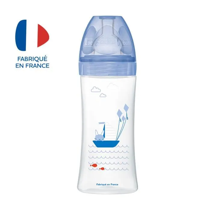 Dodie Biberon Sensation+ Anti-Coliques 330 ml, tétine plate débit rapide, système double valve, pour bébés de +6 mois, décor Mer