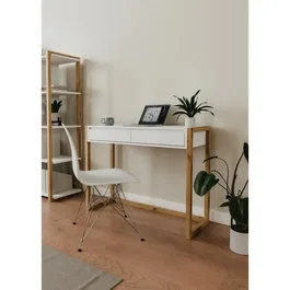 Denver Console Bureau Chêne Artisanal et Blanc avec 2 Tiroirs
