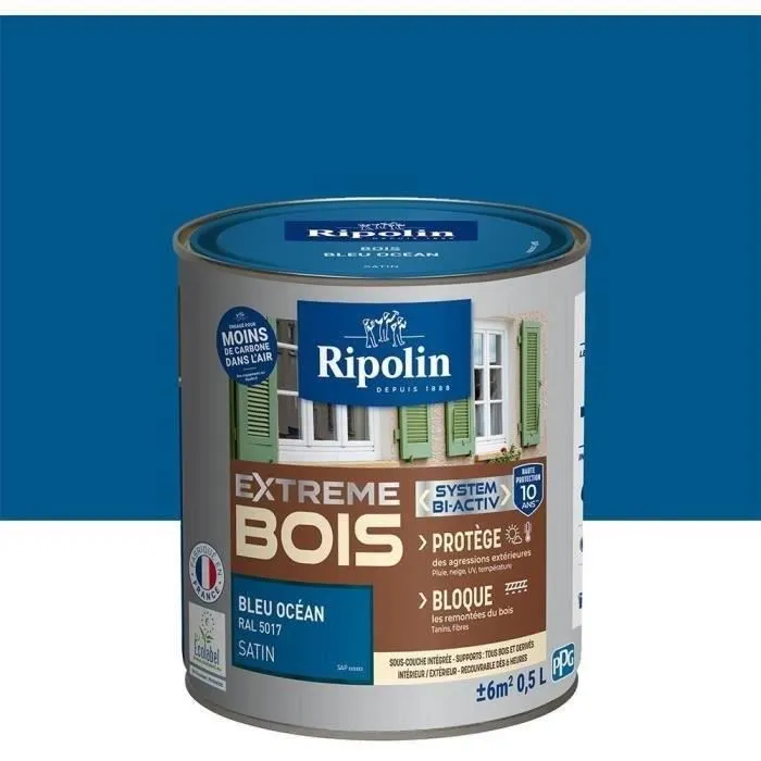 Ripolin Peinture Bois Satin Haute Protection 10 ans Intérieur/Extérieur - Ultra couvrante, anti-tanin, résistante aux chocs - Certifiée EU Ecolabel A+ - Bleu Océan