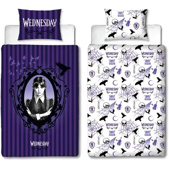 Wednesday - Parure de lit réversible MERCREDI en microfibre, 1 housse de couette 140 x 200 cm + 1 taie 63 x 63 cm - Licence officielle